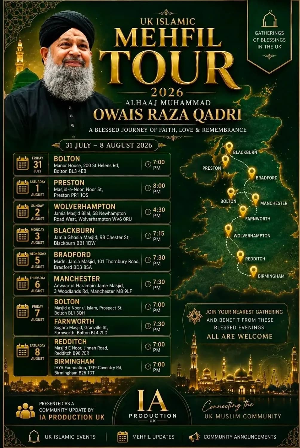 UK Islamic Mehfil Tour 2026: Alhaaj Muhammad Owais Raza Qadri (july 31 – Aug 8)